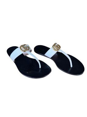 Gucci Marmont GG Thong Flip Flop Sandals White Leather Size EU 39 US 9